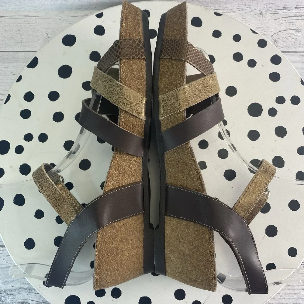 Munro Eden Wedge Sandals Womens 8 Brown Metallic Leather Strappy Comfort Shoes